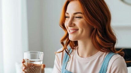 Young caucasian woman drinking water from a glass. Woman hydrating body, refreshing liquid for good health. Footage.