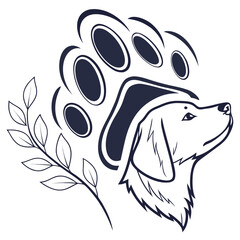 Illustration of a dog head looking up with a paw print above and a leafy branch on the side design art