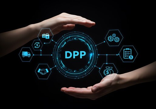 Hands protecting dpp concept depicting business processes and financial transactions in digital form