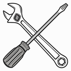 Illustration of a crossed adjustable wrench and a flathead screwdriver on a white background design tool