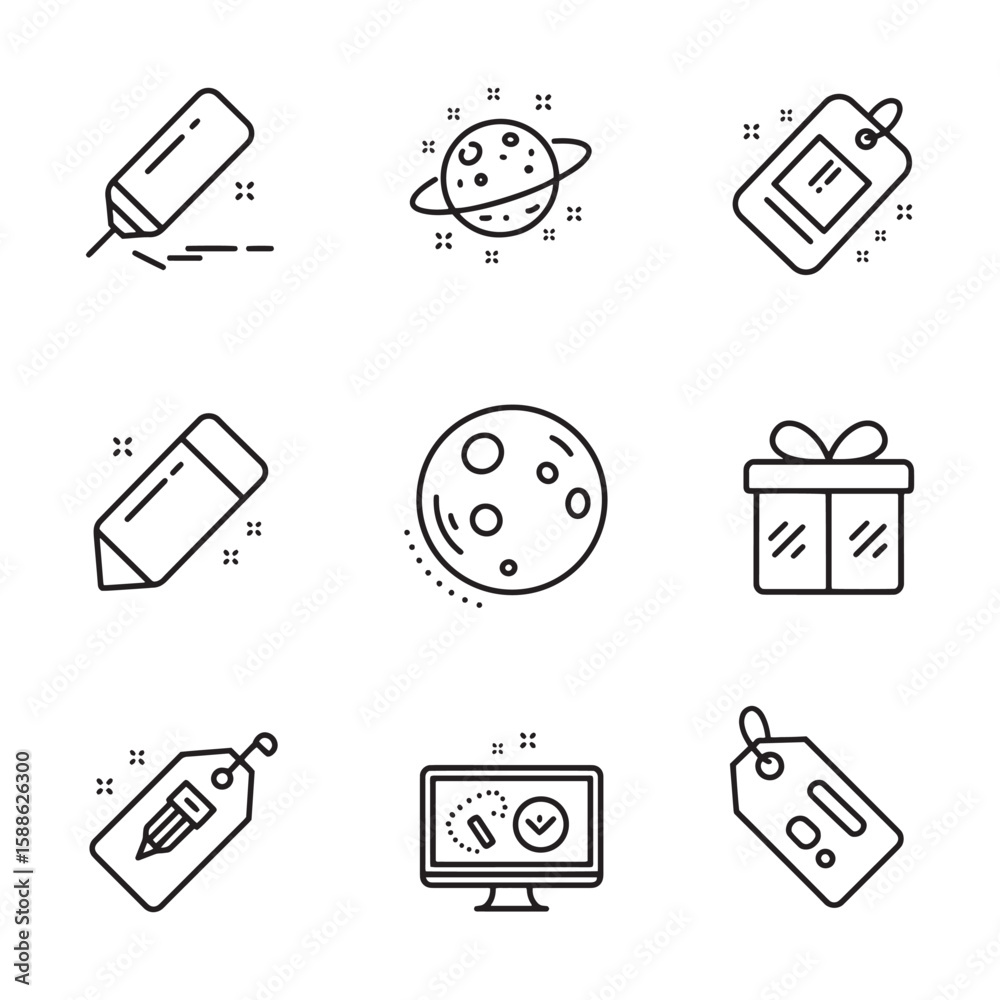 Fototapete collection of simple outline icons depicting creative tools and celestial objects in black and white