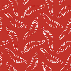 Seamless pattern of red chili pepper in line art style on red background. Perfect for spice package, kitchen wallpaper and culinary book.