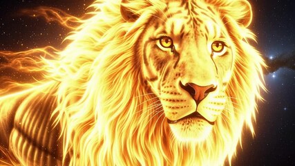 Cosmic fiery lion running in night sky. Abstract illustration on universe background. Astrological zodiac sign representation. Spiritual energy visualization footage.
