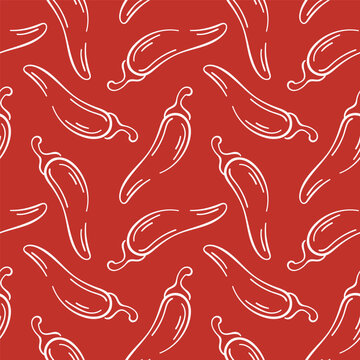 Seamless pattern of red chili pepper in line art style on red background. Perfect for spice package, kitchen wallpaper and culinary book.