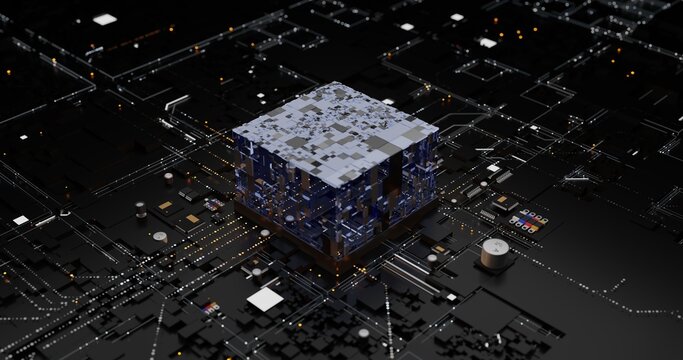 Futuristic AI Processor Core on a Dark Circuit Board with Data Flow