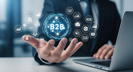 B2B Business Solutions: Modern Businessman Showcasing Digital Transformation and Networking for Strategic Partnerships and Growth Opportunities.