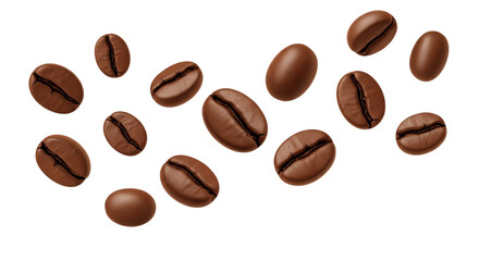 Scattered roasted coffee beans isolated on transparent background for design
