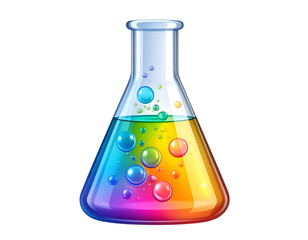 Rainbow Erlenmeyer Flask: A vibrant Erlenmeyer flask filled with colorful liquids and bubbling with rainbow-hued spheres, symbolizes scientific discovery and innovation.