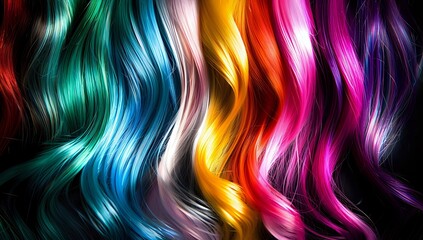 Vibrant multicolored wavy hair strands flowing in rainbow spectrum from turquoise to purple, creating dynamic motion effect on dark background.