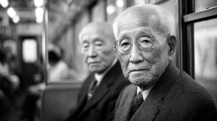Intimate Portrait of Elderly Gentlemen on a Tokyo Commute in Monochrome