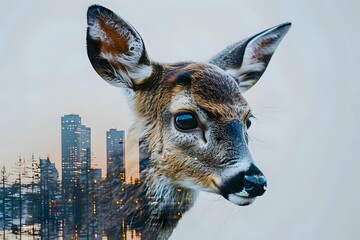 Young deer portrait with blue eyes in double exposure effect combining urban cityscape and forest silhouettes, creating surreal wildlife art composition.