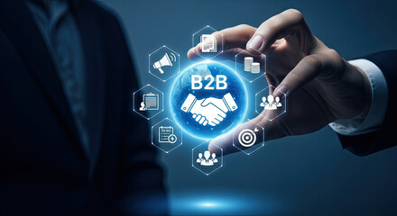 B2B Partnership Concept: Hand Holding Digital Globe with Business Icons for Collaboration, Marketing, and Strategy in Modern Commerce Era