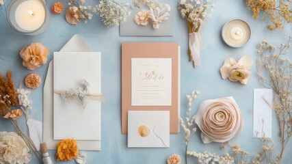Elegant flatlay of wedding stationery and dried floral decorations on a soft blue background - Powered by Adobe