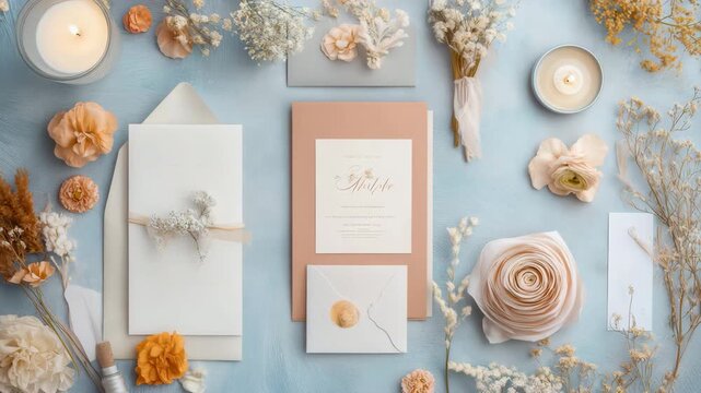 Elegant flatlay of wedding stationery and dried floral decorations on a soft blue background
