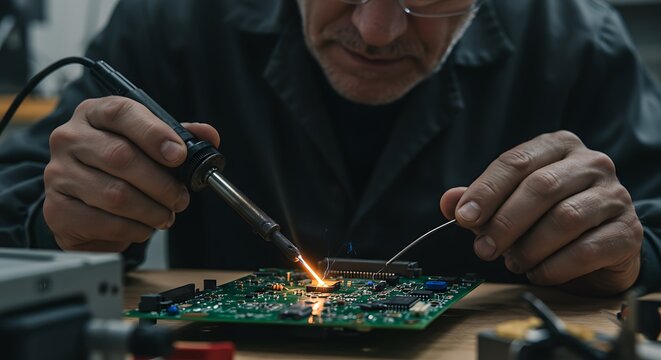 Electronic engineer soldering circuit board components with solder iron close up perspective - Powered by Adobe