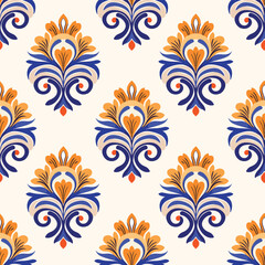 Seamless ornamental floral pattern in royal blue, orange, and red on a light background.