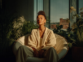 Young black woman relaxing in a cozy chair surrounded by plants  