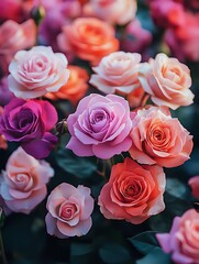 Obraz premium Vibrant roses in shades of pink, coral, and purple bloom against dark green foliage, creating a romantic garden composition with soft petals and delicate details.