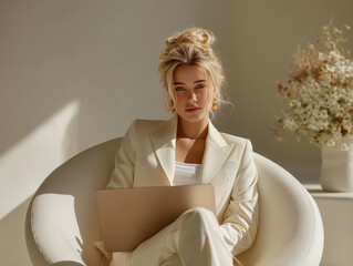 Young woman in stylish suit working on laptop in modern workspace  