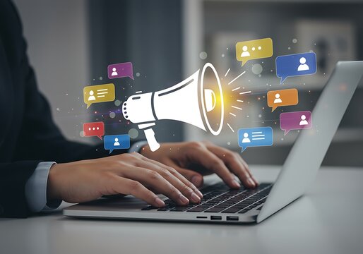 Digital marketing concept using a laptop computer with a megaphone and social media icons