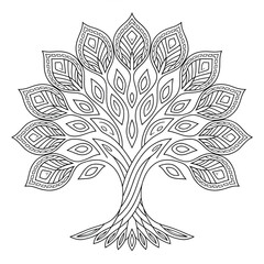 A black and white mandala tree illustration line art of a coloring page 