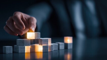 Naklejka premium Illuminating Success: A hand carefully places a glowing cube atop a structure of similar blocks, symbolizing growth and strategic planning.