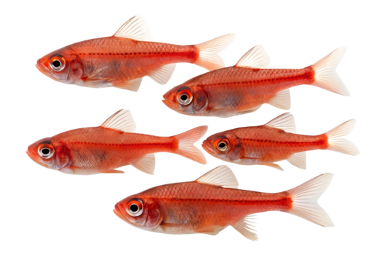Five goldfish with orange bodies and white fins arranged on a transparent background. They vary in size and shape, showcasing their distinct features.