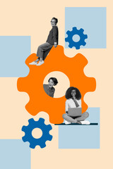 Poster image artwork banner collage of three happy business partners girls stand gearwheel...