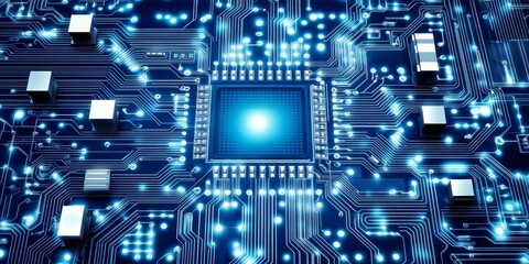 Fototapeta premium Futuristic Digital Circuit Board with Illuminated Blue Energy Lines and Connectivity Network Design