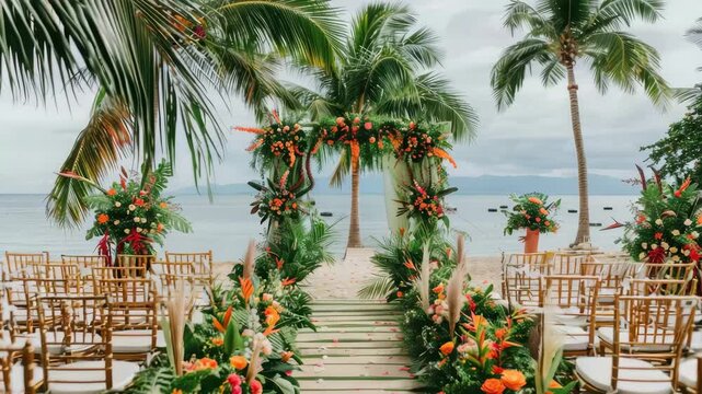 Beautiful tropical outdoor wedding ceremony setup by the beach with floral decorations and greenery