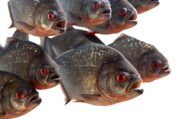 A group of eight piranhas with sharp teeth and red eyes. They have a grayish body with a silver sheen and are depicted against a transparent background.
