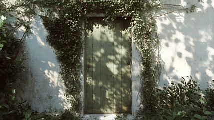 Green wooden door set in a textured white wall overgrown with ivy and vegetation