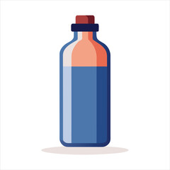 A clear glass bottle filled with blue liquid and a reddishorange top, standing on a subtle shadow on a white background