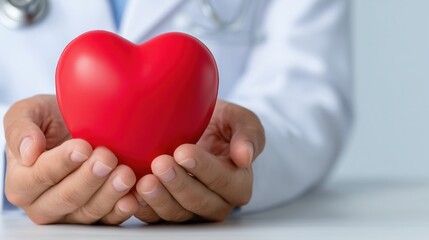 Obraz premium Doctor Checking Heartbeat with Red Heart Ball World Heart Health Day Medical Concept, Physician Using Stethoscope and Red Heart Stress Ball Life Insurance Health Check Scene,