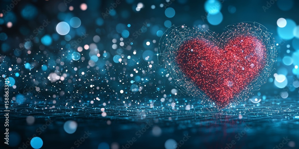 Poster digital network connection with red heart symbolizing advanced heart monitoring technology concept