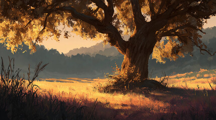 Golden hour tree casting long shadows, digital painting, fantasy style, soft lighting