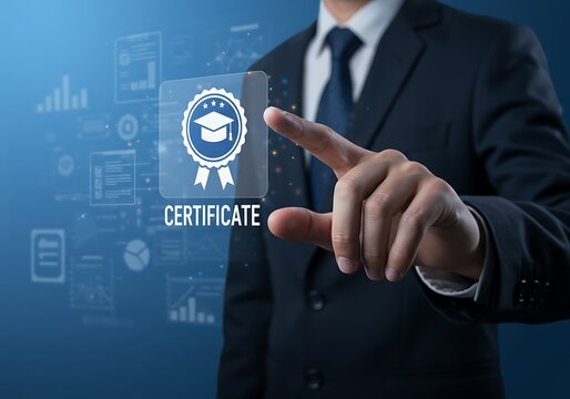 Businessman touching a digital certificate icon representing achievement and qualification