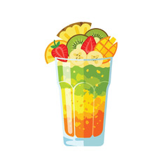 Colorful layered fruit smoothie in a tall glass, garnished with fresh fruit slices.