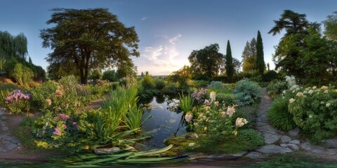 Fototapeta premium Panoramic 360 degrees hdr nature garden scenic landscape serene environment hdri view