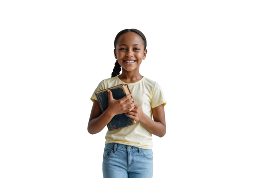 Smiling Girl in Soft Yellow Shirt Holds Old Book isolated on transparent background. Generative Ai