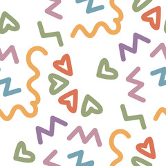 playful abstract pattern with hearts, zigzags, and wavy shapes in orange, green, purple, and blue on white background