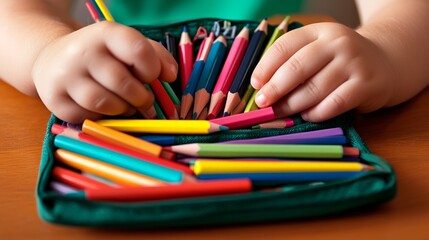 Obraz premium Small child's hands choosing colored pencils from a green pencil case on a wooden desk, getting ready for creative drawing activities as they prepare to go back to school
