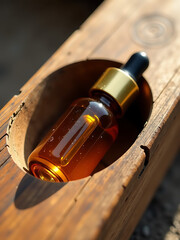 golden amber essential oil dropper lies nestled worn wooden crevice sunlight glints rounded edges spills across