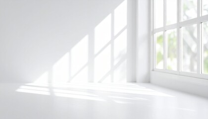 Minimalist sunlit room with large windows casting soft shadows on white walls
