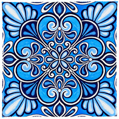 Blue Azulejo Watercolor Tile Square Floral Ornament, Vintage Mediterranean Isolated Illustration with Edged Border