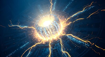 Abstract glowing sphere emitting bright light and electrical arcs against a dark blue background, suggesting energy or technology.