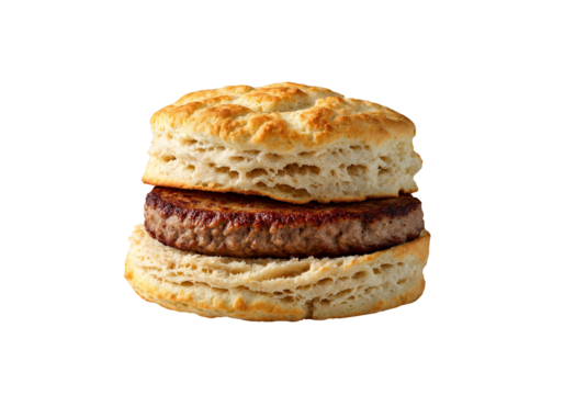 Savory sausage and cheddar biscuit sandwich flaky layers and bold flavor isolated on transparent background. Generative Ai