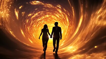 A couple walking hand in hand through a glowing tunnel of light, symbolizing love and connection