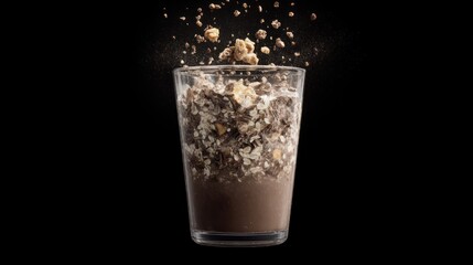 Chocolate smoothie overflowing with muesli, topping falling into the glass