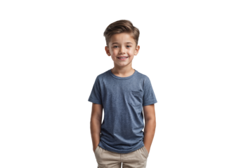 Smiling Boy in Blue Shirt and Beige Shorts isolated on transparent background. Generative Ai